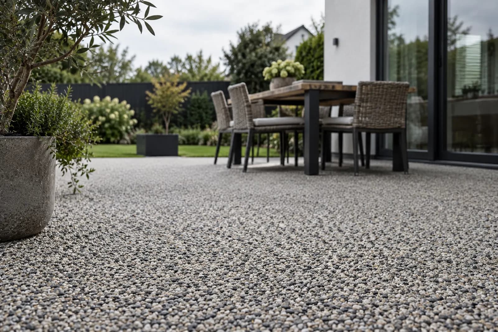 Stemningsbillede: terrasse med helstøbt stenbelægning